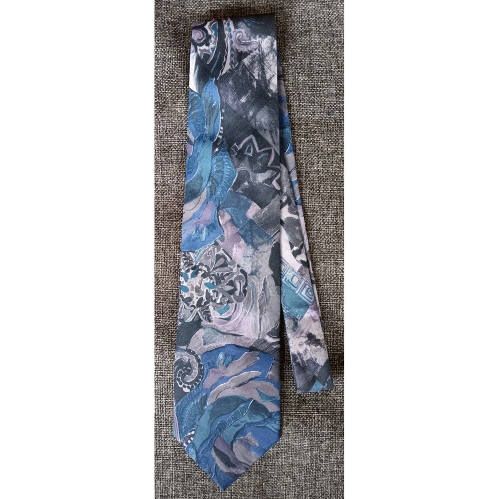 Tie 70s 80s 90s Y2K Mens Ecoville All Silk Blue Floral 3.5 Wide